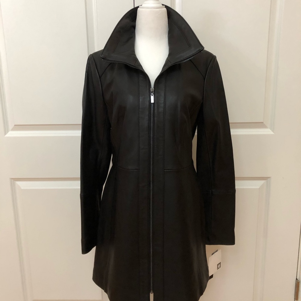 NWT Anne Klein Black Genuine Leather Long Coat Jacket Zip Front